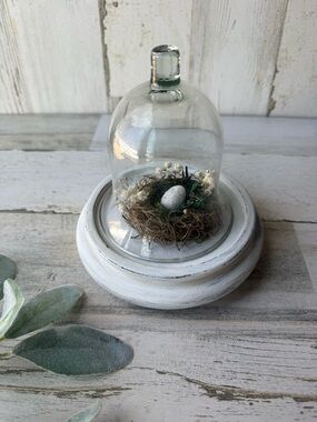 Vintage Glass Cloche Bird Nest Neutral Spring Decor Handmade Upcycled Decor OOAK
